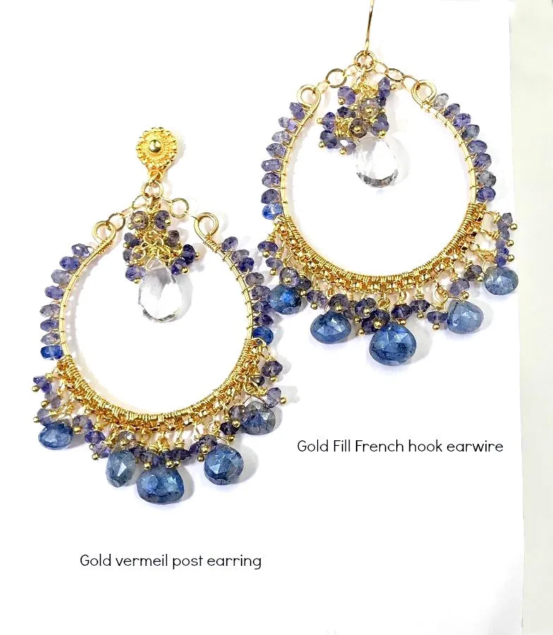 Blue Gemstone Hoop Chandelier Earrings Wire Wrap Sapphire