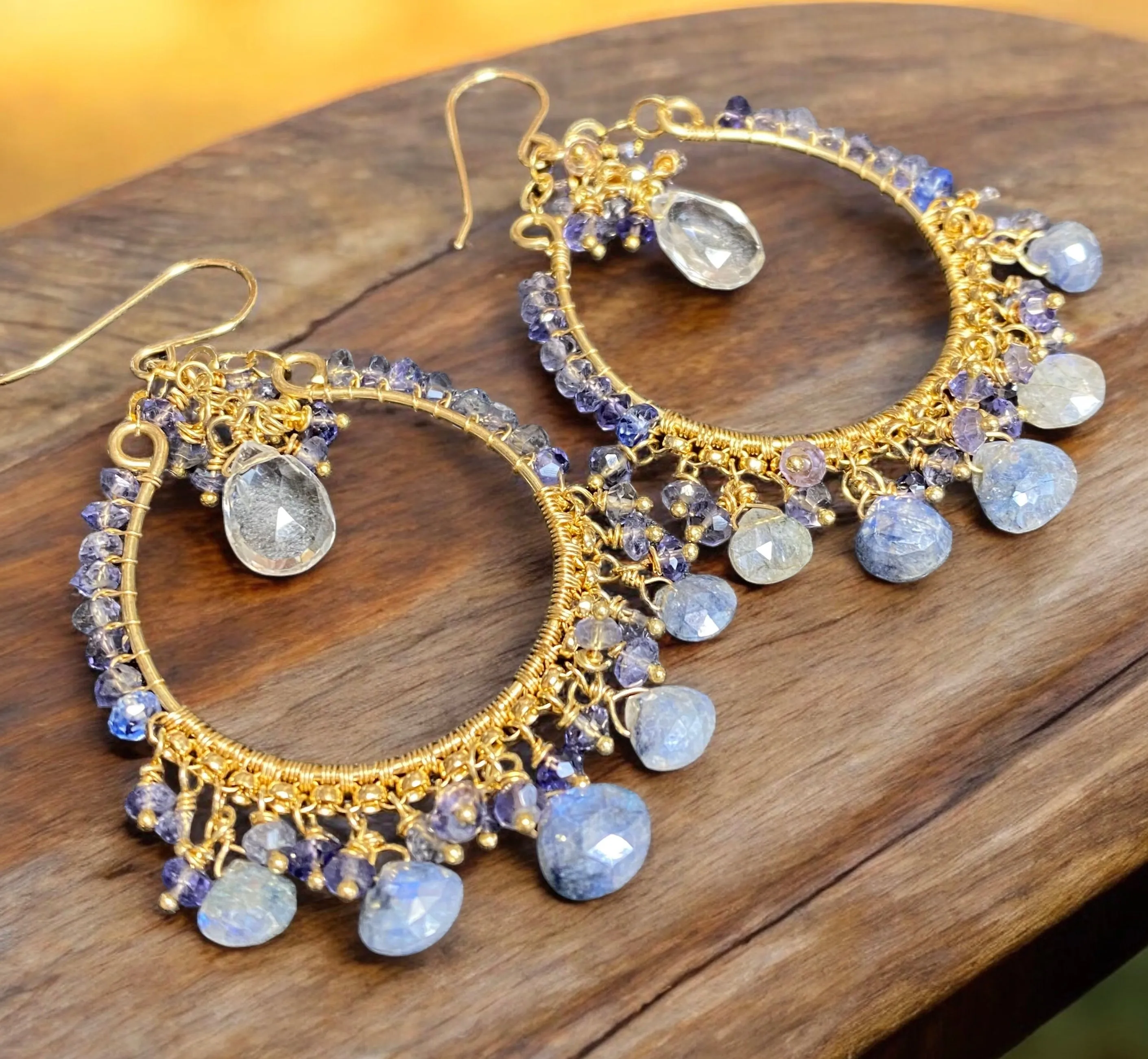 Blue Gemstone Hoop Chandelier Earrings Wire Wrap Sapphire