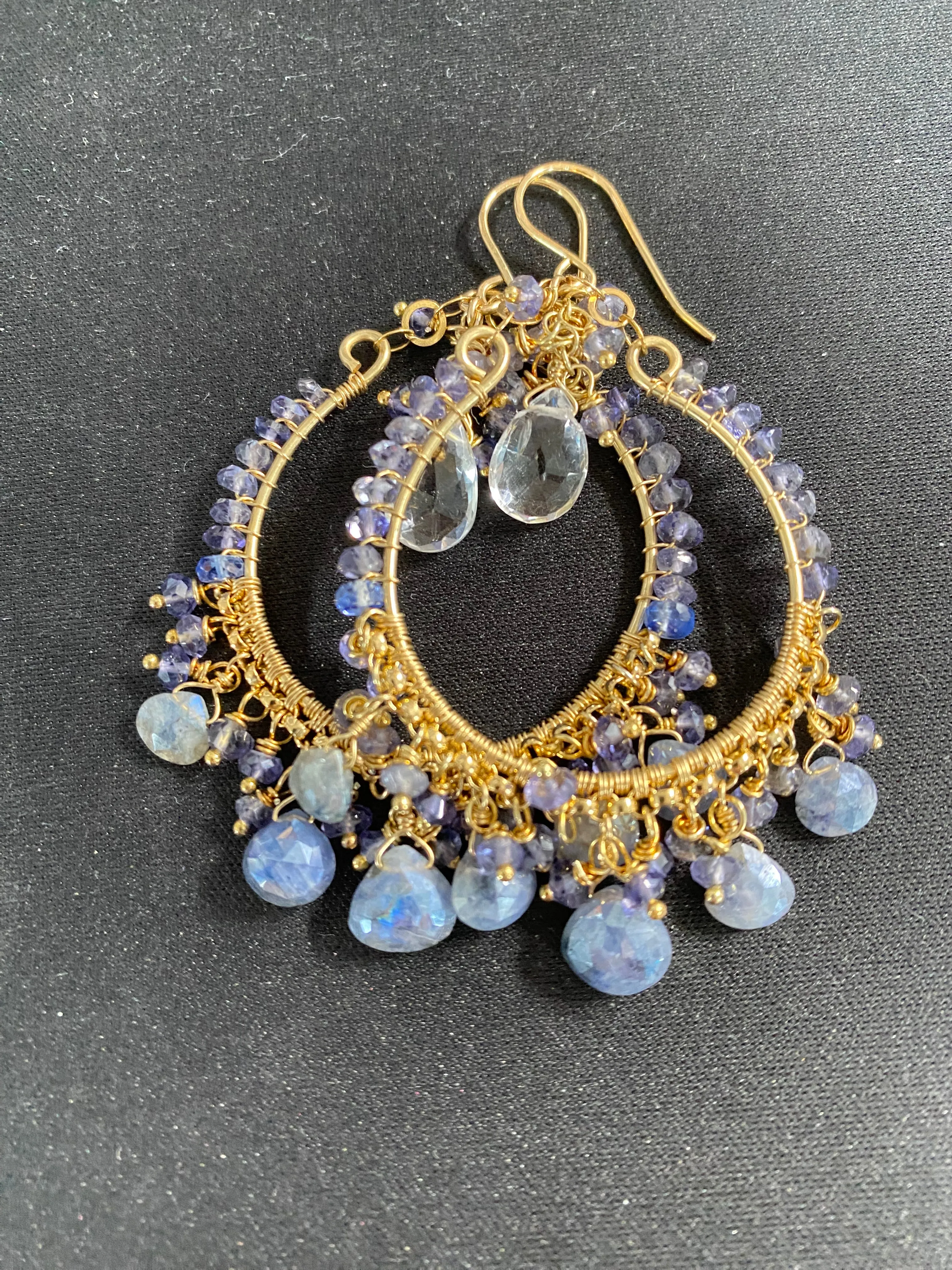 Blue Gemstone Hoop Chandelier Earrings Wire Wrap Sapphire