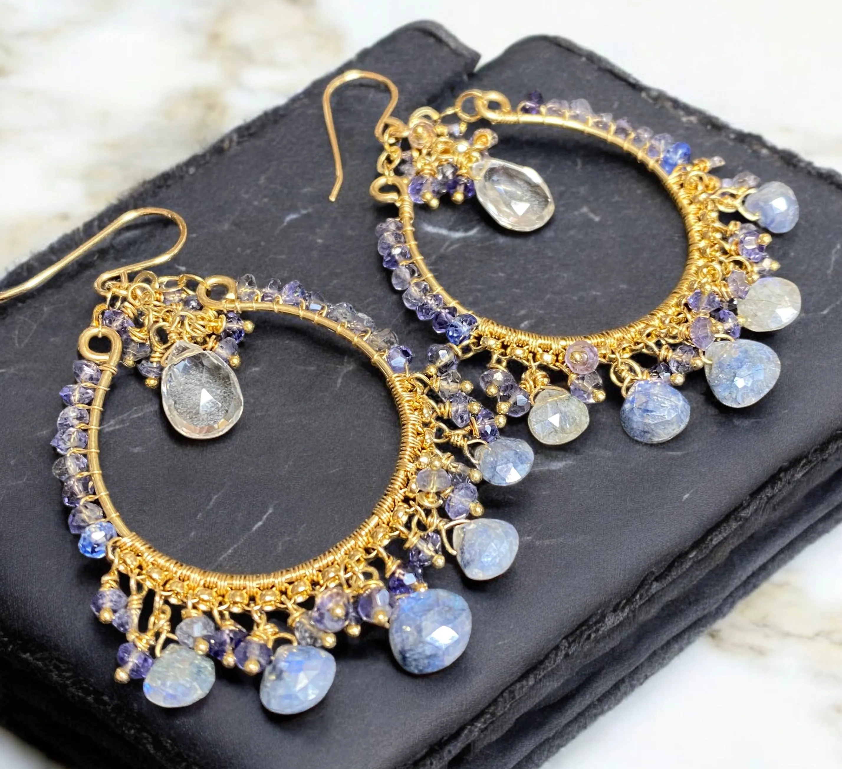Blue Gemstone Hoop Chandelier Earrings Wire Wrap Sapphire