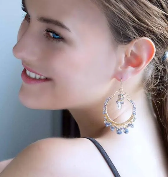 Blue Gemstone Hoop Chandelier Earrings Wire Wrap Sapphire