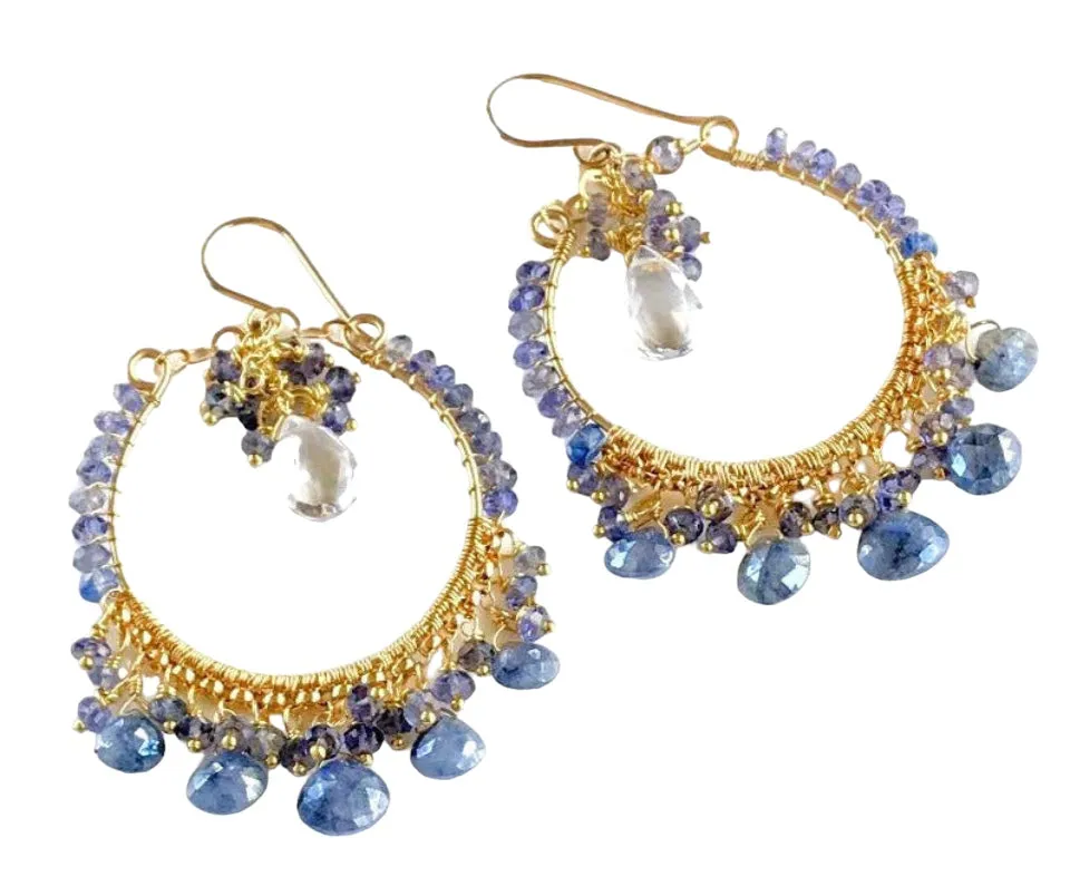 Blue Gemstone Hoop Chandelier Earrings Wire Wrap Sapphire