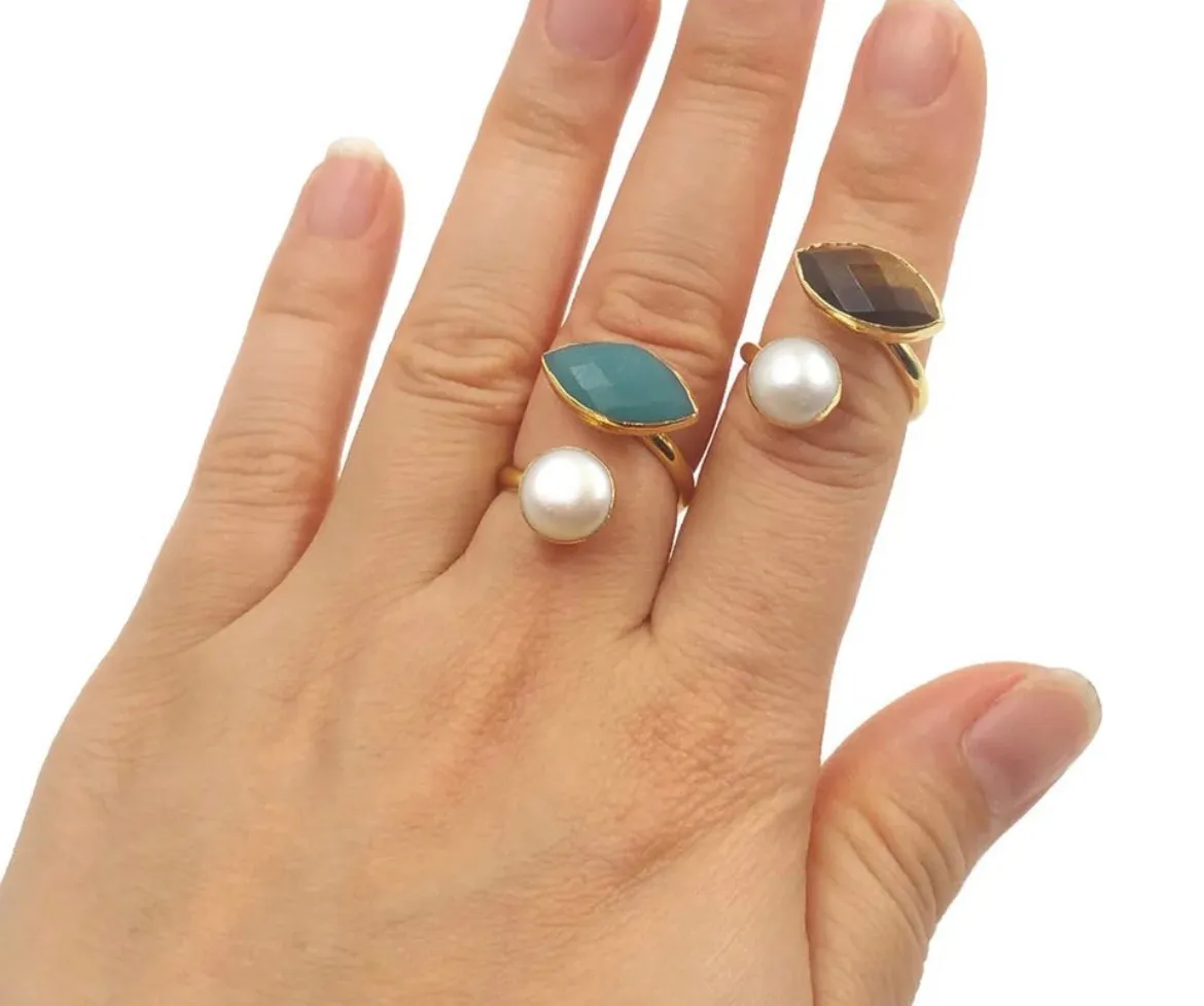 Boho & Mala Natural Stone & Pearl Open Ring