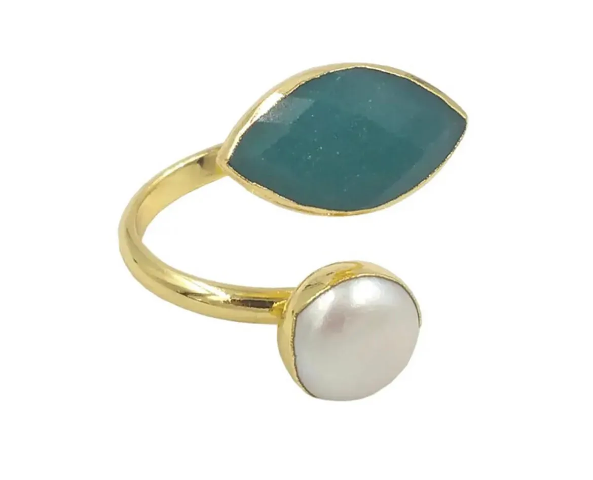 Boho & Mala Natural Stone & Pearl Open Ring