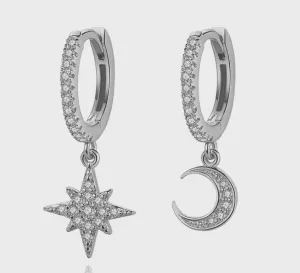 Boho & Mala Stars & Moon Huggies CZ Sterling Silver Hoop Earrings