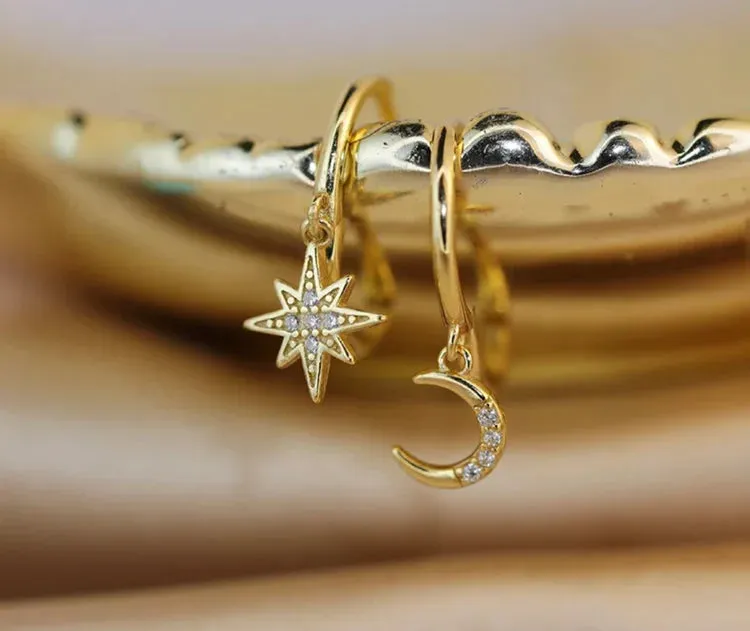 Boho & Mala Stars & Moon Huggies CZ Sterling Silver Hoop Earrings