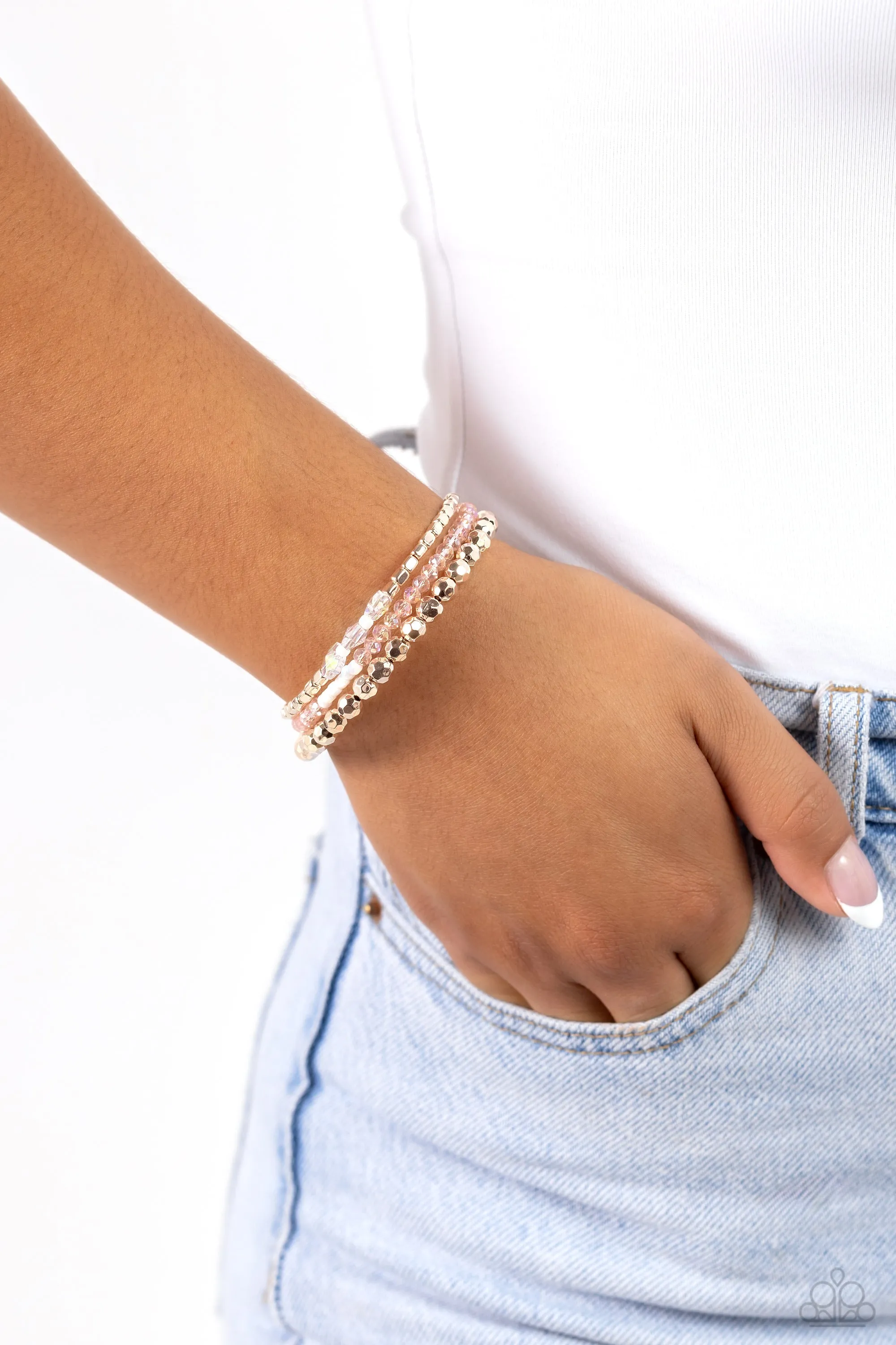 Boundless Behavior - Rose Gold - Pink Bead White Seed Bead Iridescent Butterfly Paparazzi Coil Bracelet
