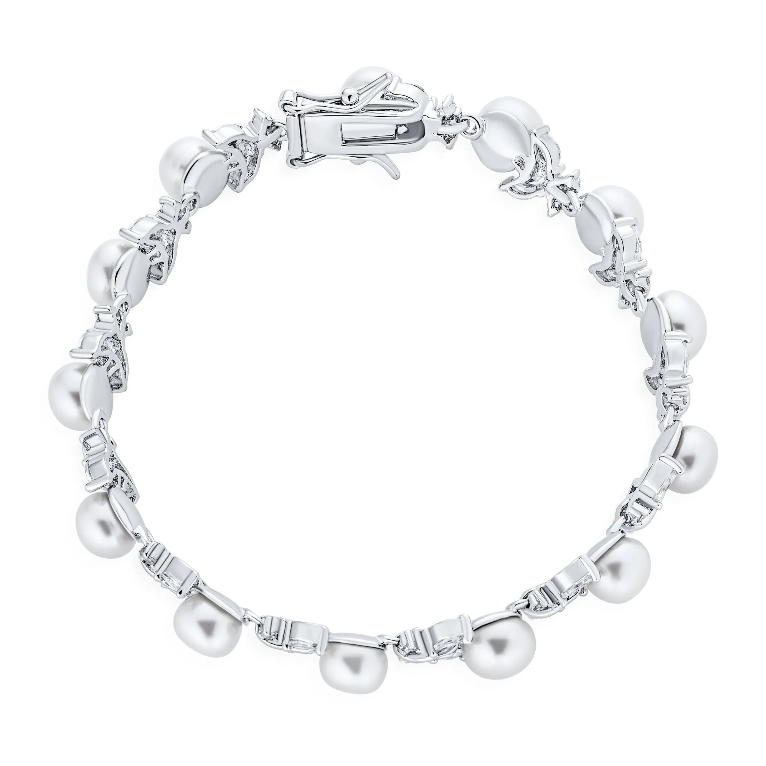 Bridal Freshwater Pearl Multi CZ Marquise Leaves Strand Bracelet Silver 7 Inch