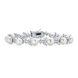 Bridal Freshwater Pearl Multi CZ Marquise Leaves Strand Bracelet Silver 7 Inch