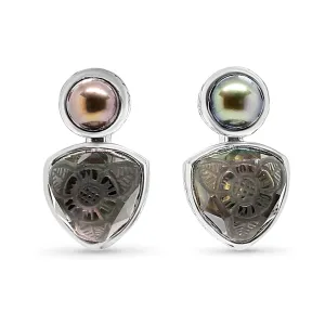 Carventurous Peacock Pearl Hand Carved Natural Quartz and Mother of Pearl Clip Earrings in Sterling Silver
