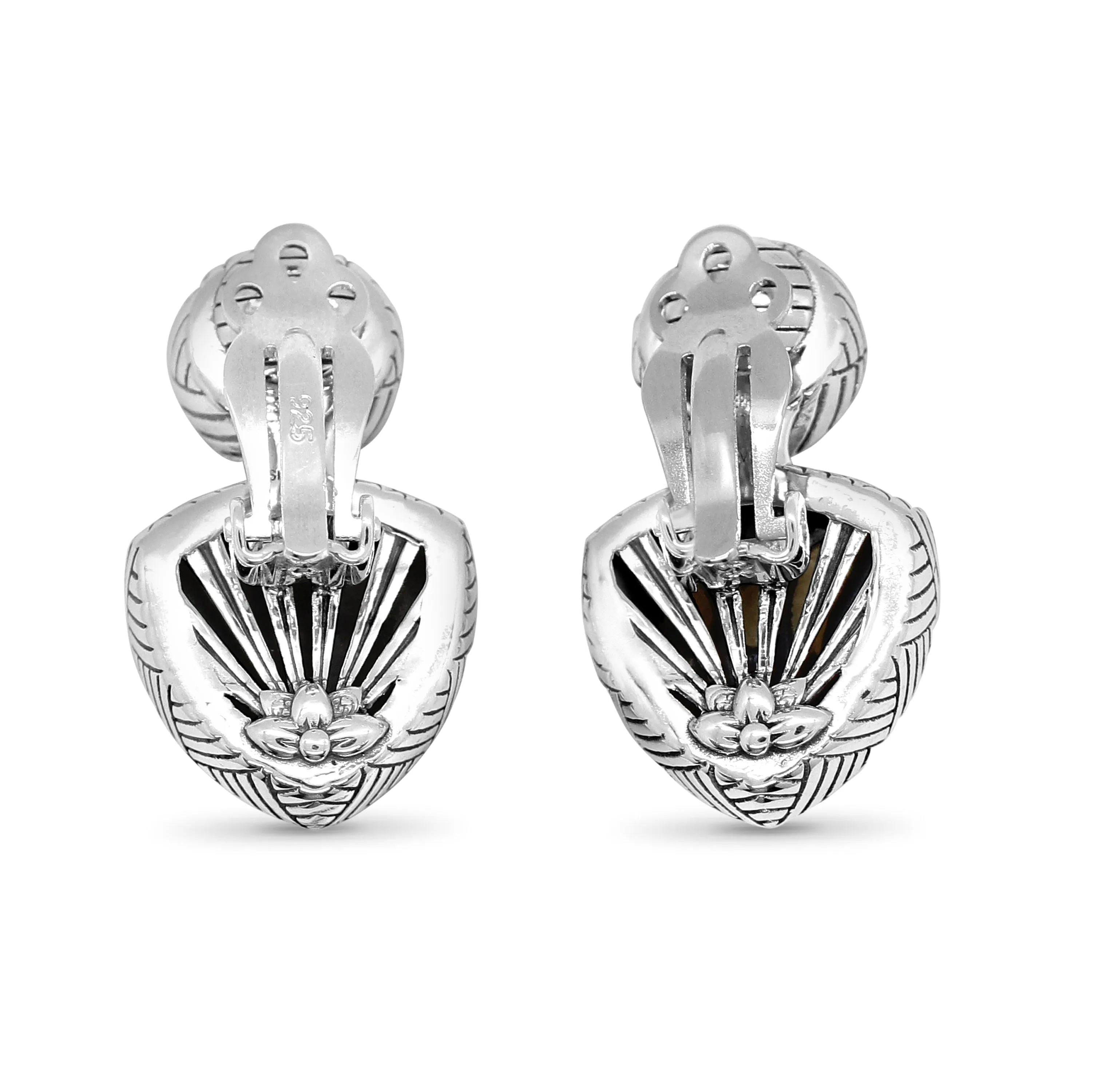 Carventurous Peacock Pearl Hand Carved Natural Quartz and Mother of Pearl Clip Earrings in Sterling Silver