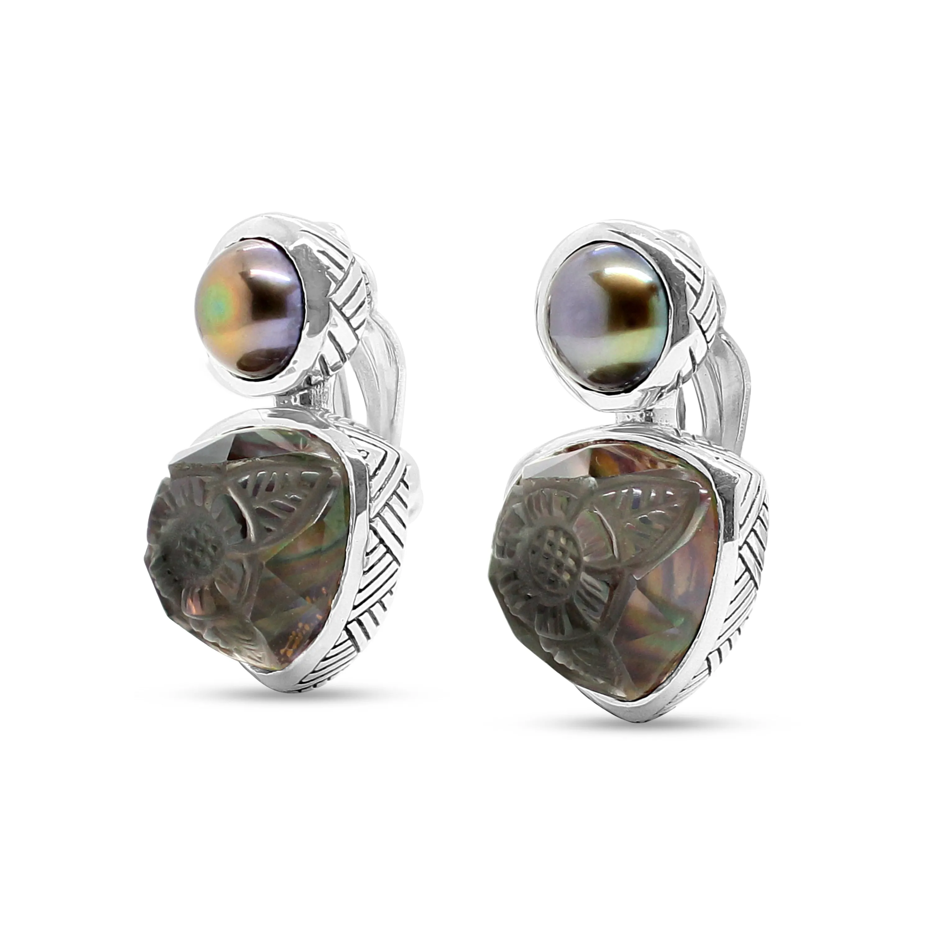 Carventurous Peacock Pearl Hand Carved Natural Quartz and Mother of Pearl Clip Earrings in Sterling Silver