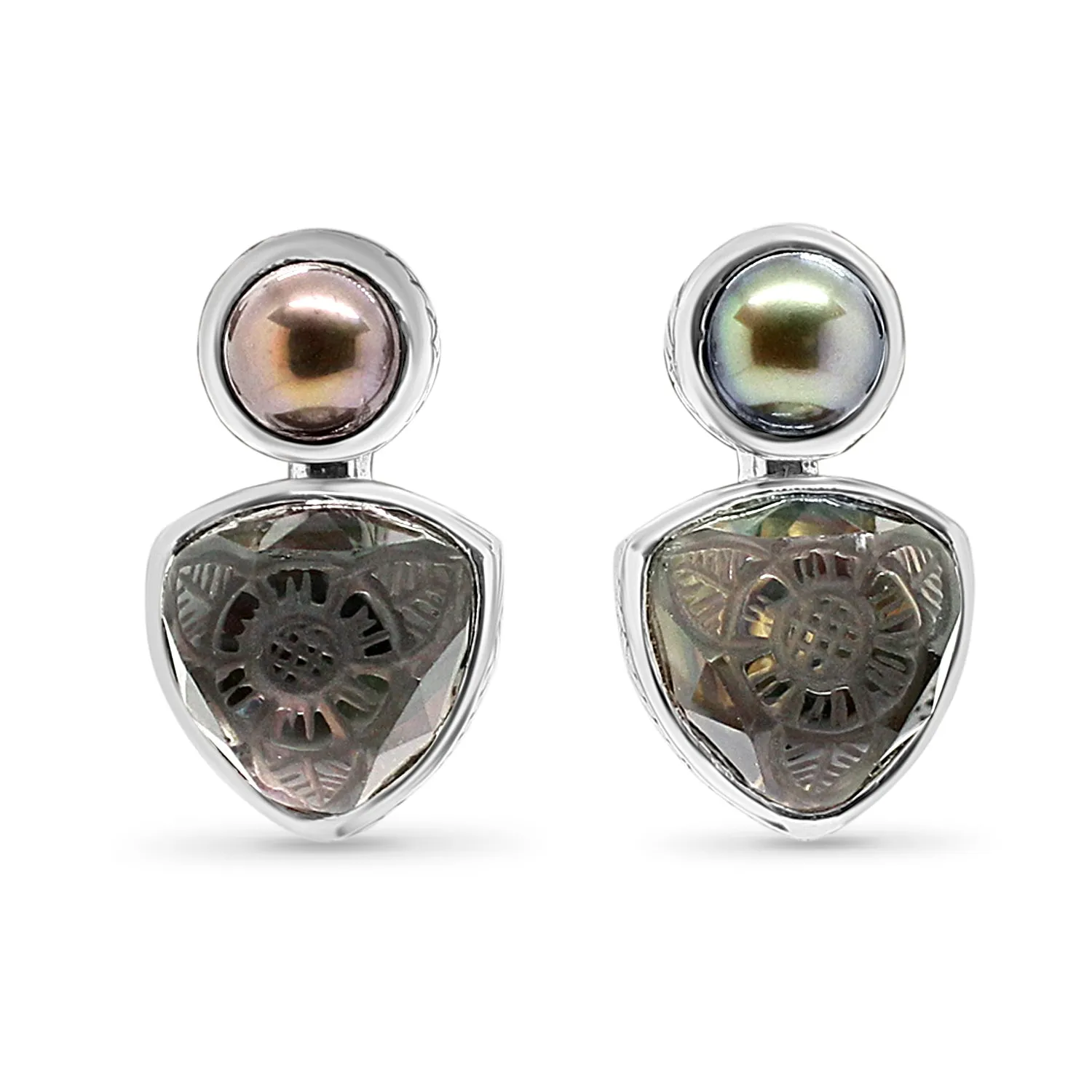 Carventurous Peacock Pearl Hand Carved Natural Quartz and Mother of Pearl Clip Earrings in Sterling Silver