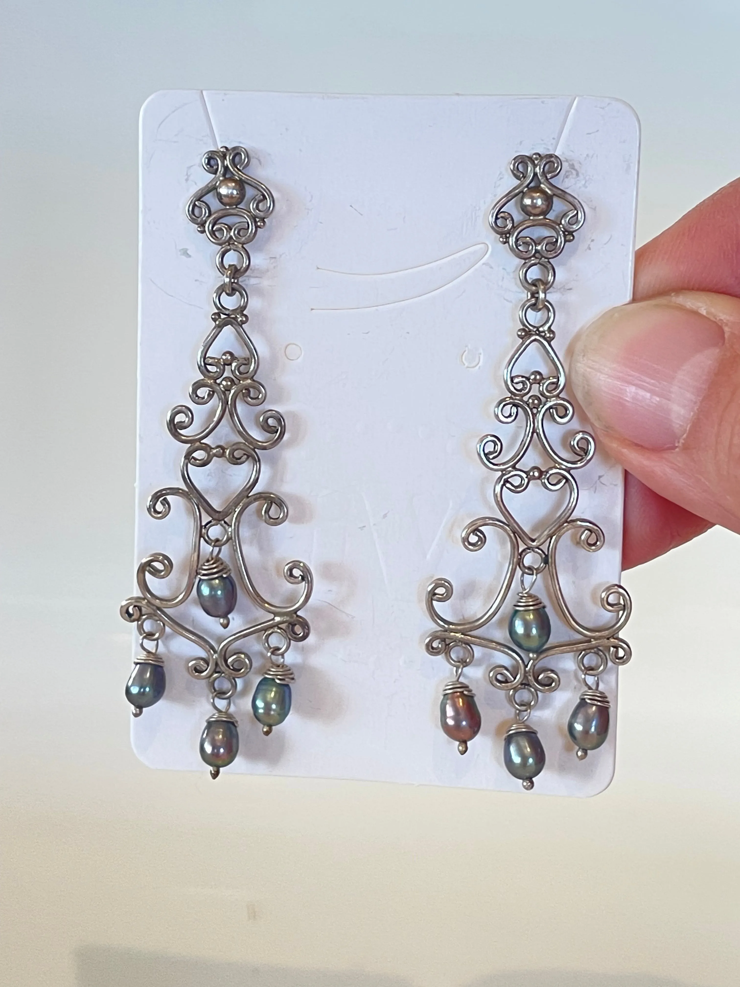 Chandelier Earrings with Gray Pearls in Sterling Silver