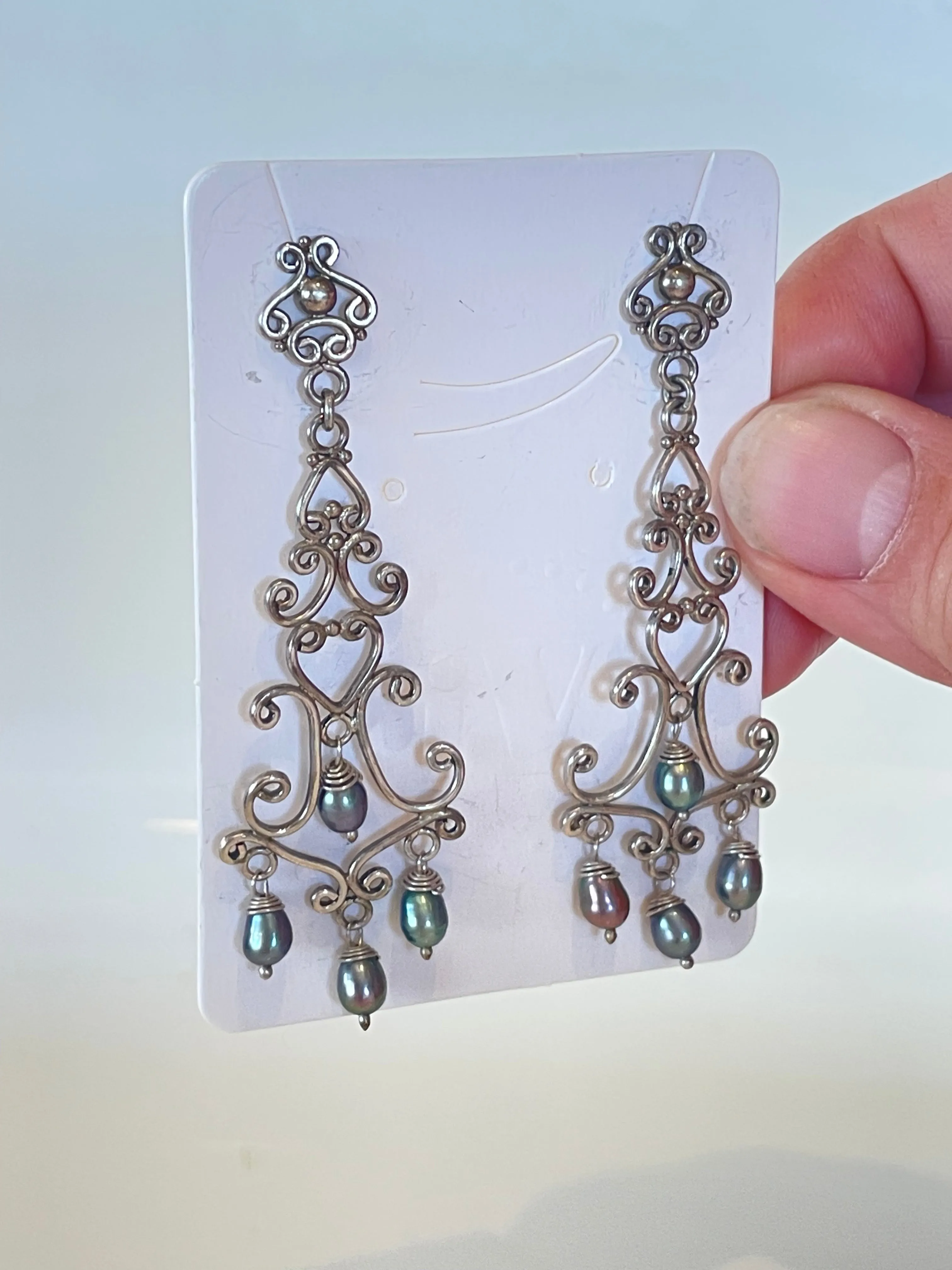 Chandelier Earrings with Gray Pearls in Sterling Silver