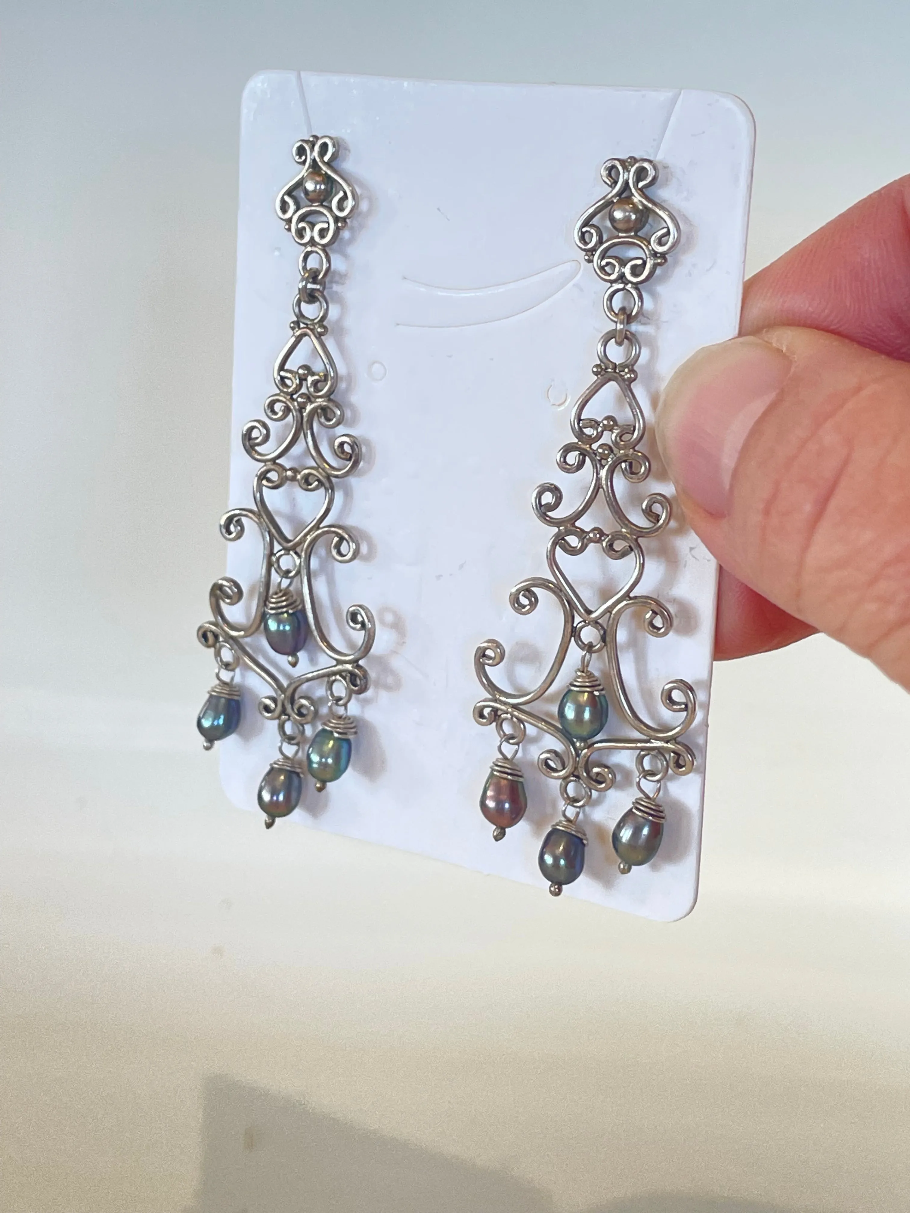Chandelier Earrings with Gray Pearls in Sterling Silver