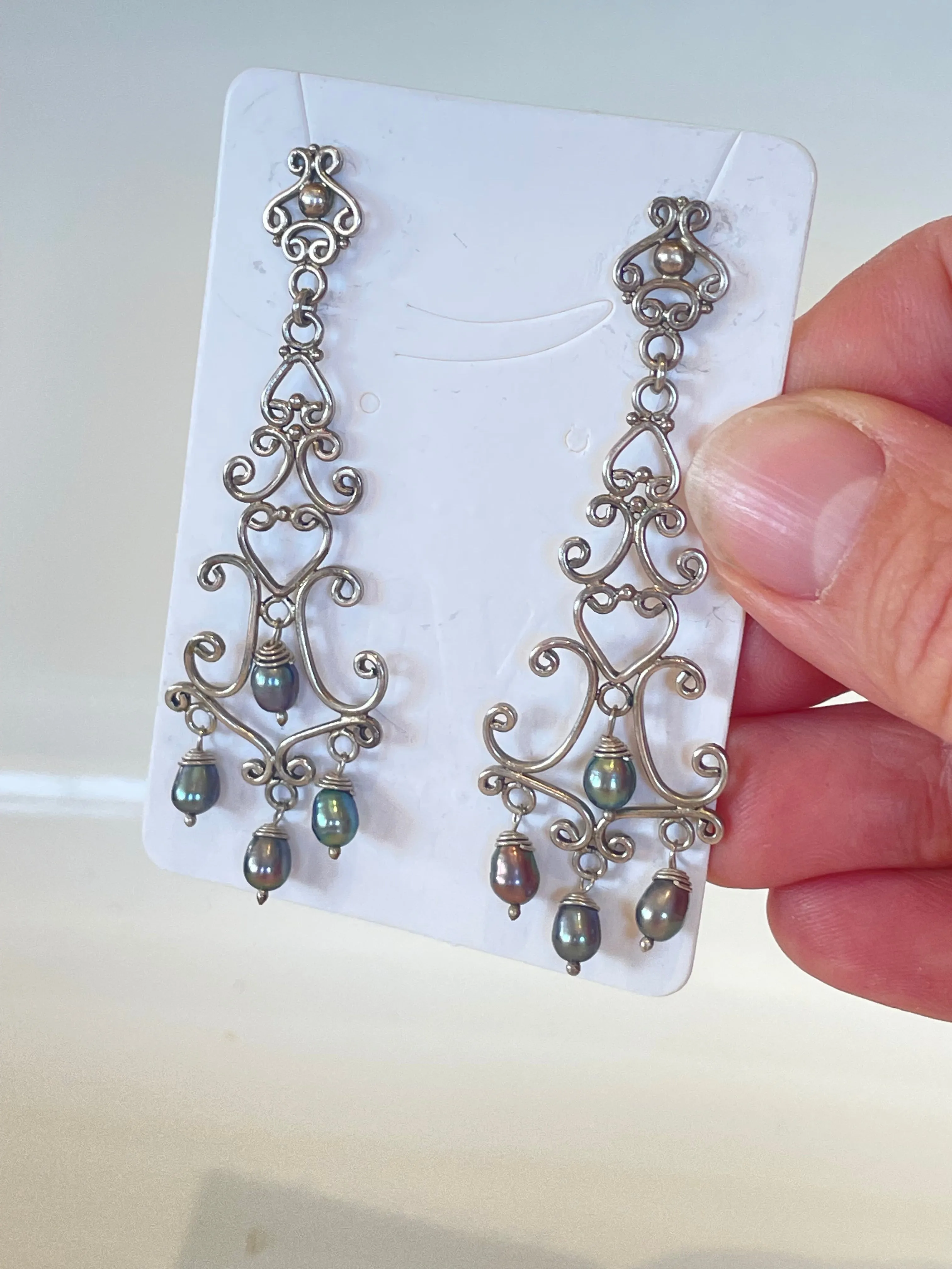 Chandelier Earrings with Gray Pearls in Sterling Silver