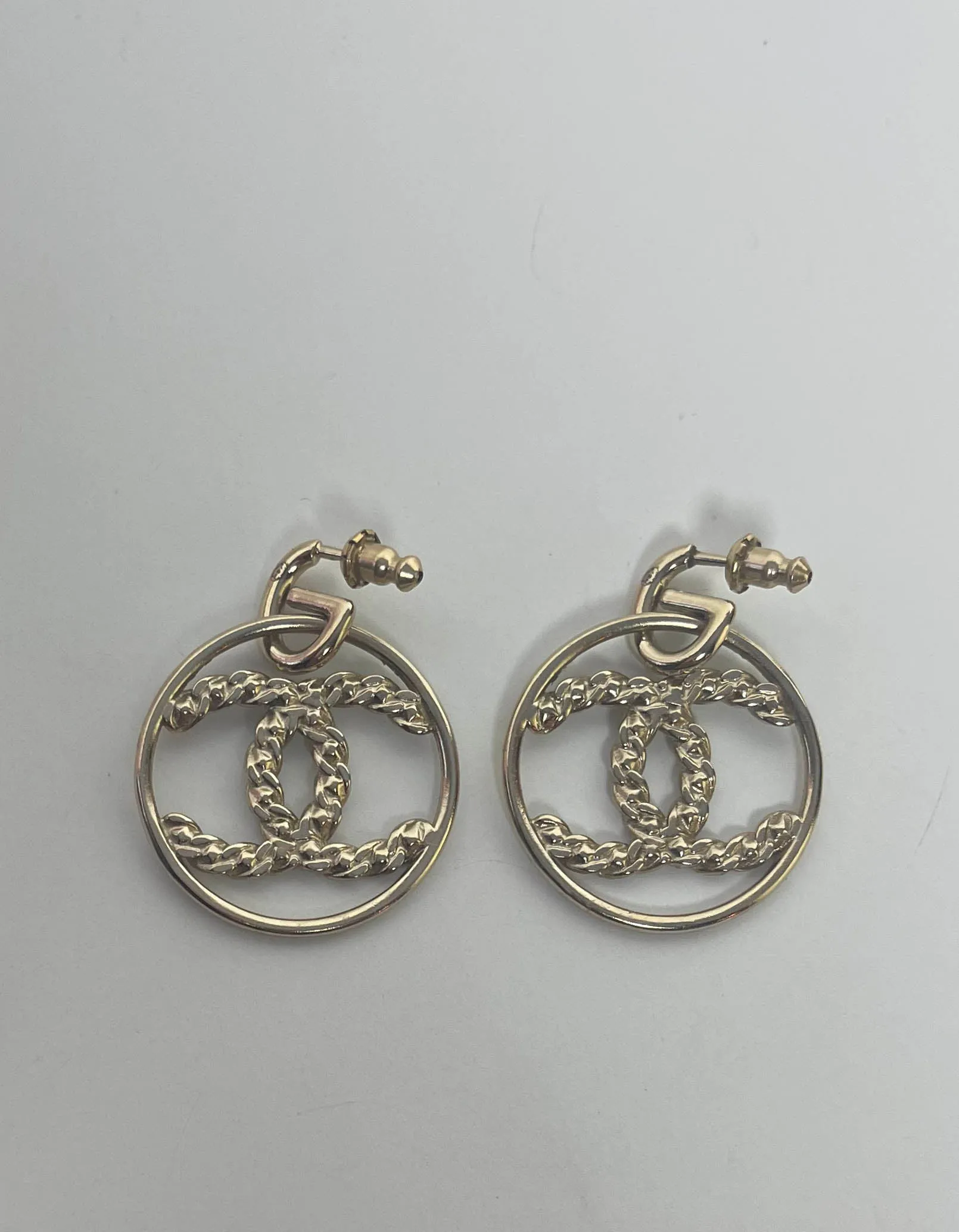Chanel 2019 Goldtone Crystal High Society CC Hoop Drop Earrings