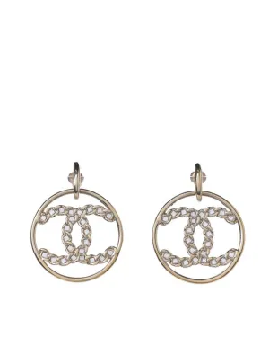Chanel 2019 Goldtone Crystal High Society CC Hoop Drop Earrings