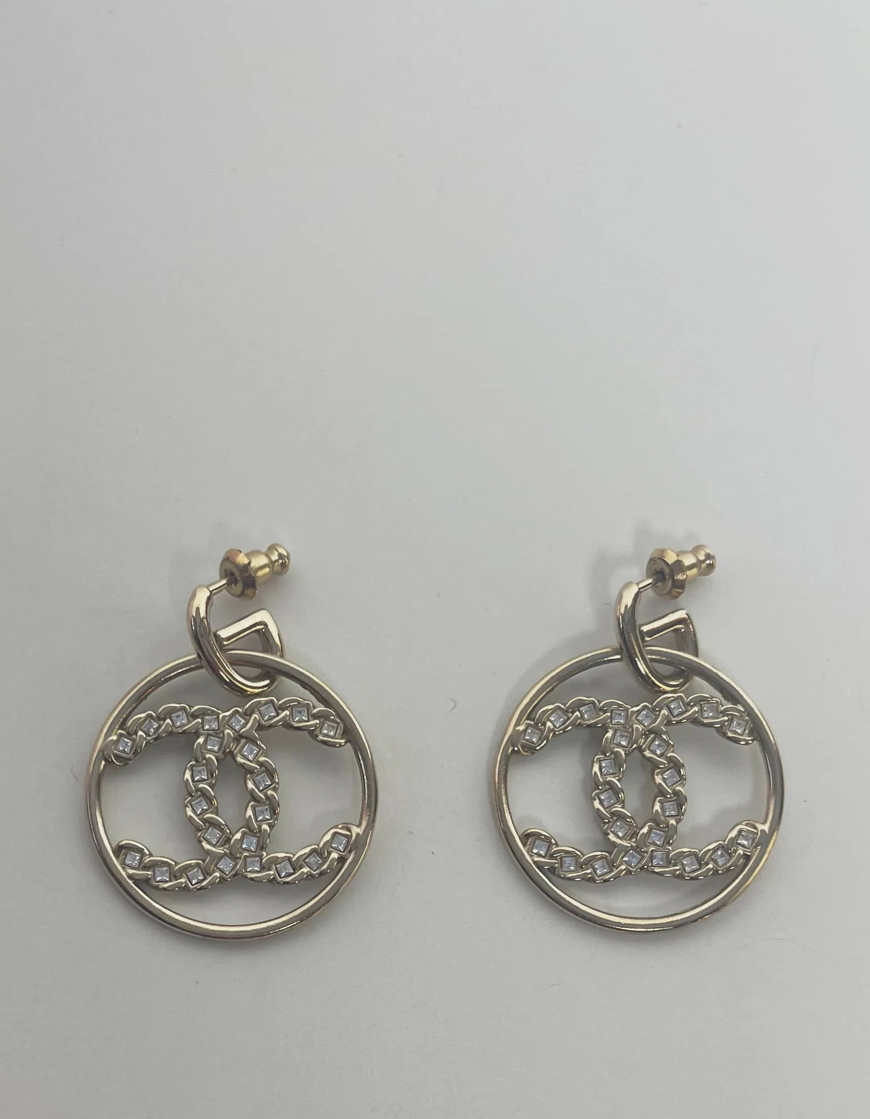 Chanel 2019 Goldtone Crystal High Society CC Hoop Drop Earrings