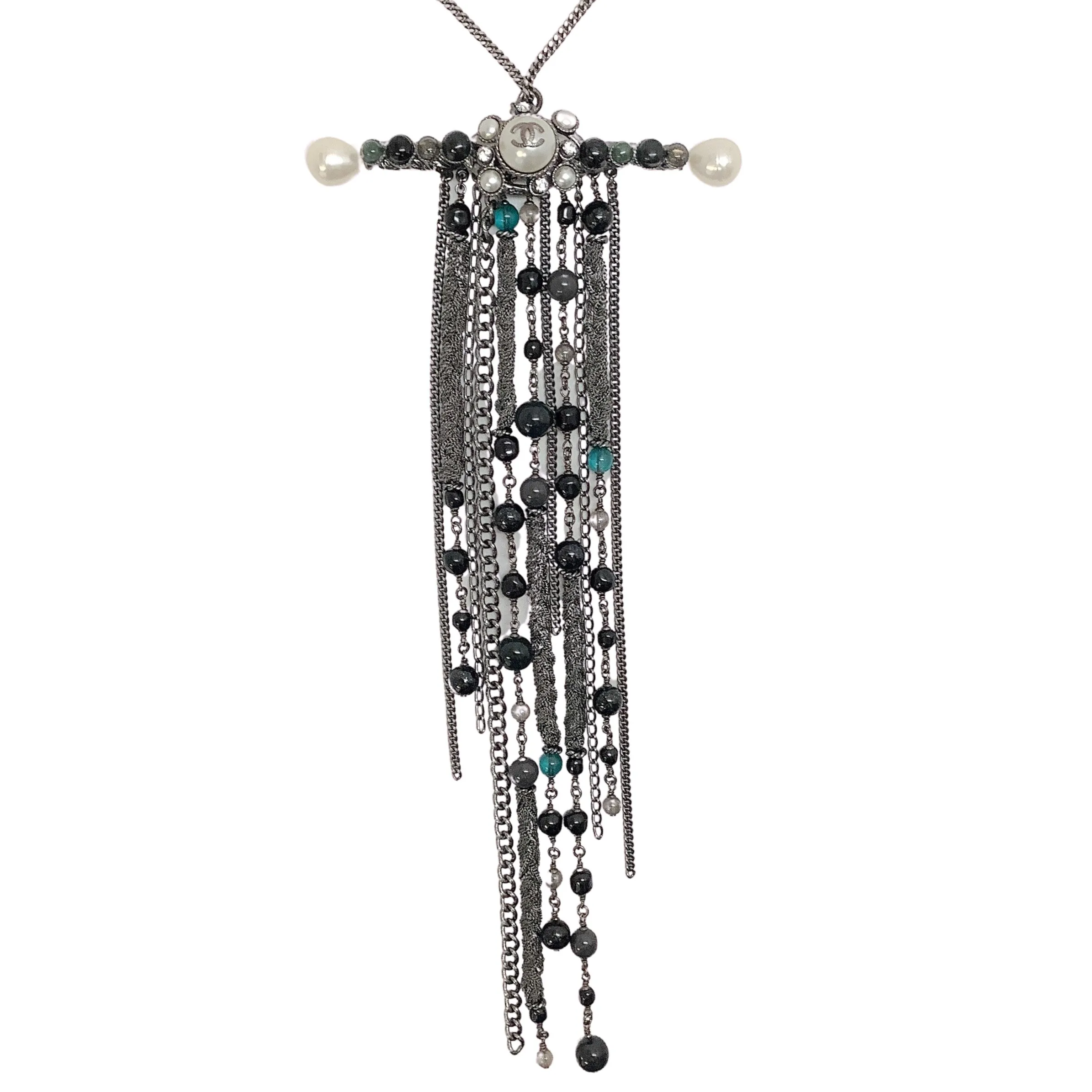 Chanel Gunmetal / Pearl 2011 Bar with Chains / Beads Necklace