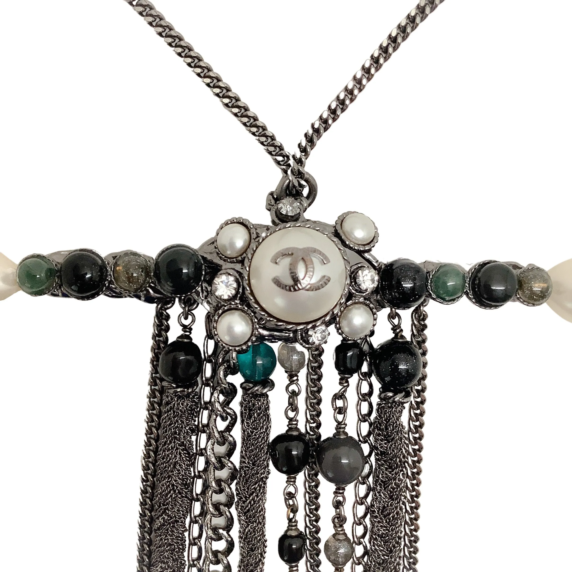 Chanel Gunmetal / Pearl 2011 Bar with Chains / Beads Necklace