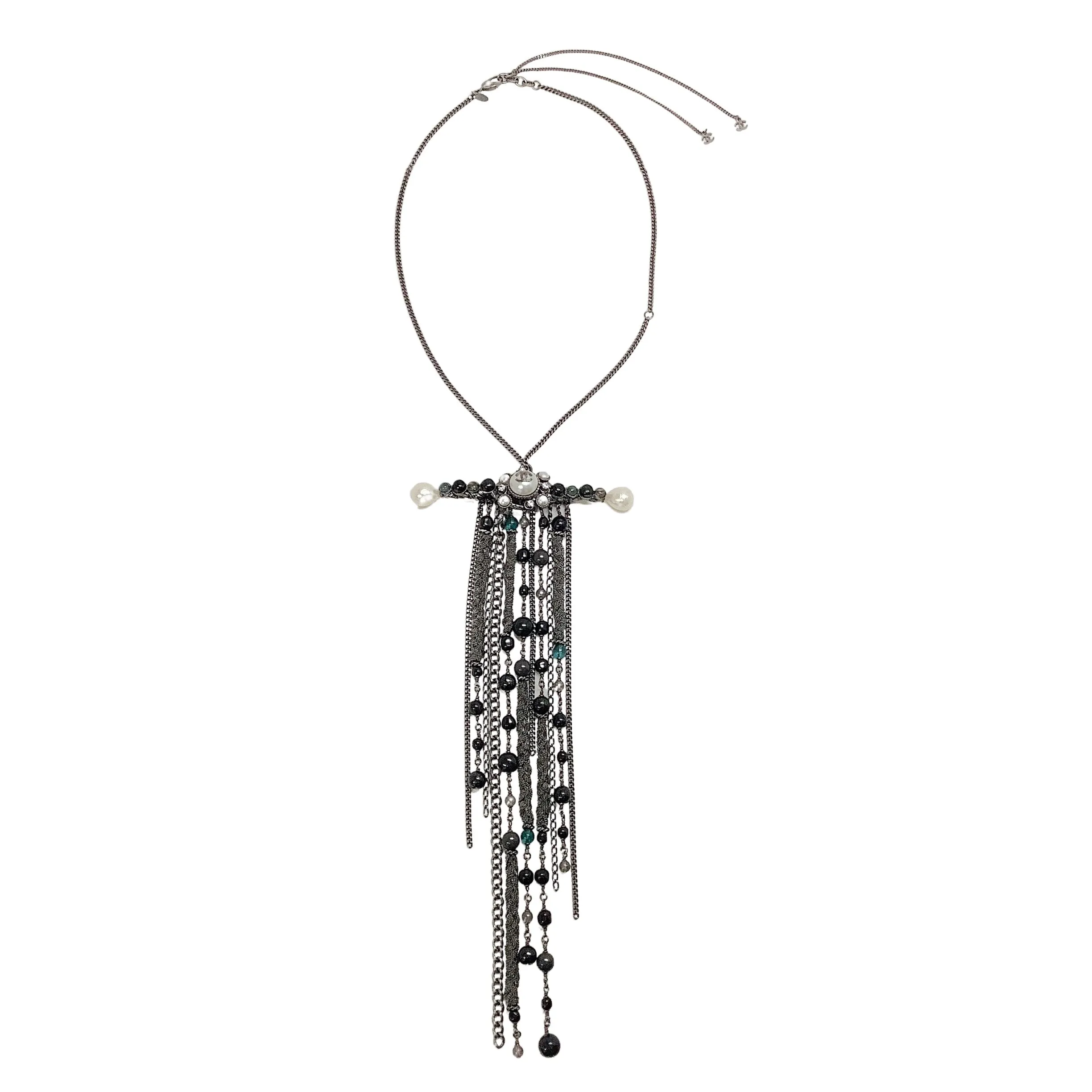 Chanel Gunmetal / Pearl 2011 Bar with Chains / Beads Necklace