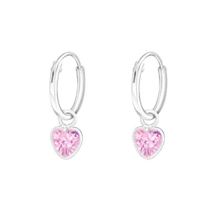 Children's Sterling Silver 'Pink Crystal Heart' Hoop Earrings
