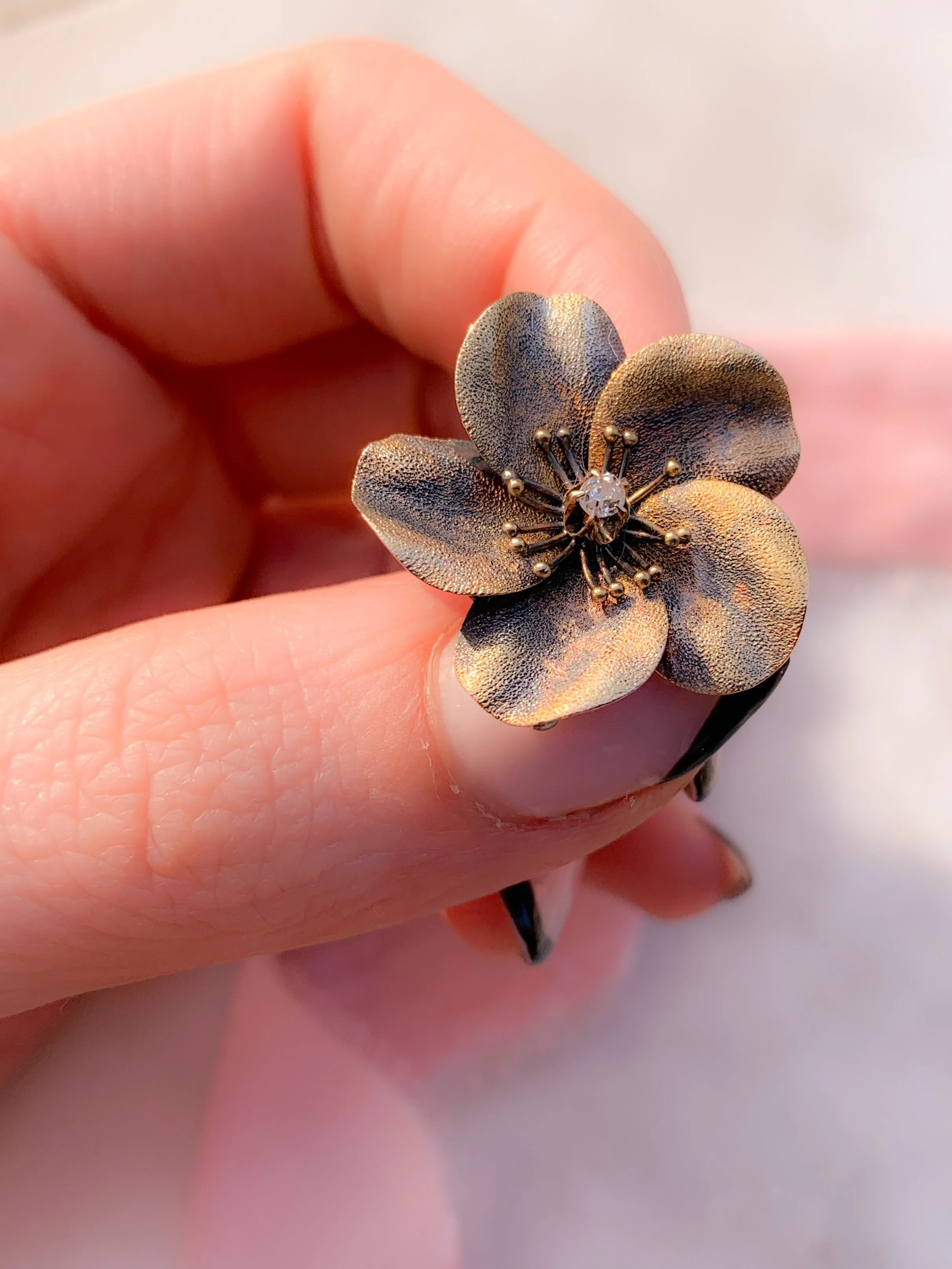 Chunky 15k English Floral Brooch with Fold-Down Pendant Bale and Central Diamond