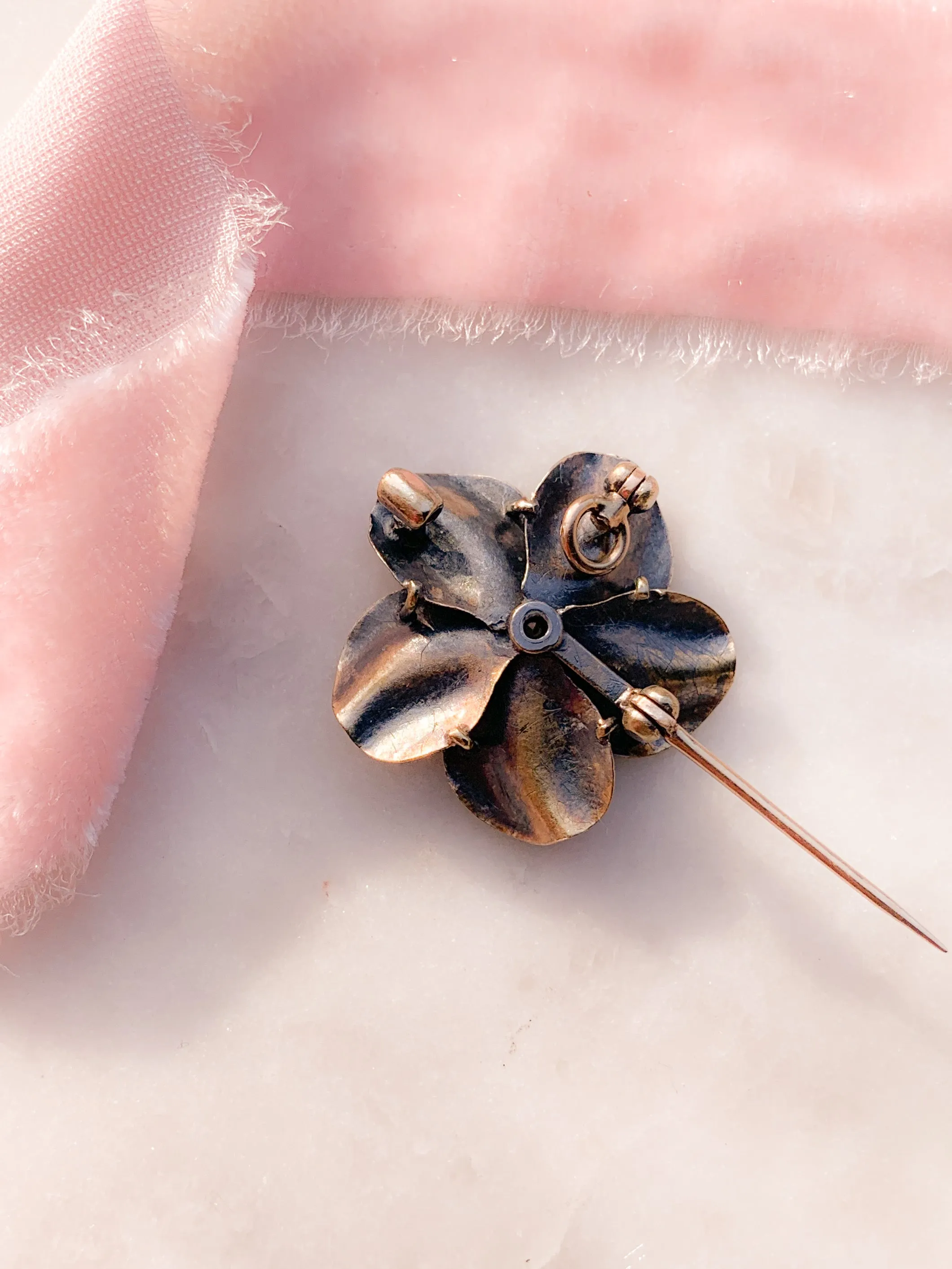 Chunky 15k English Floral Brooch with Fold-Down Pendant Bale and Central Diamond