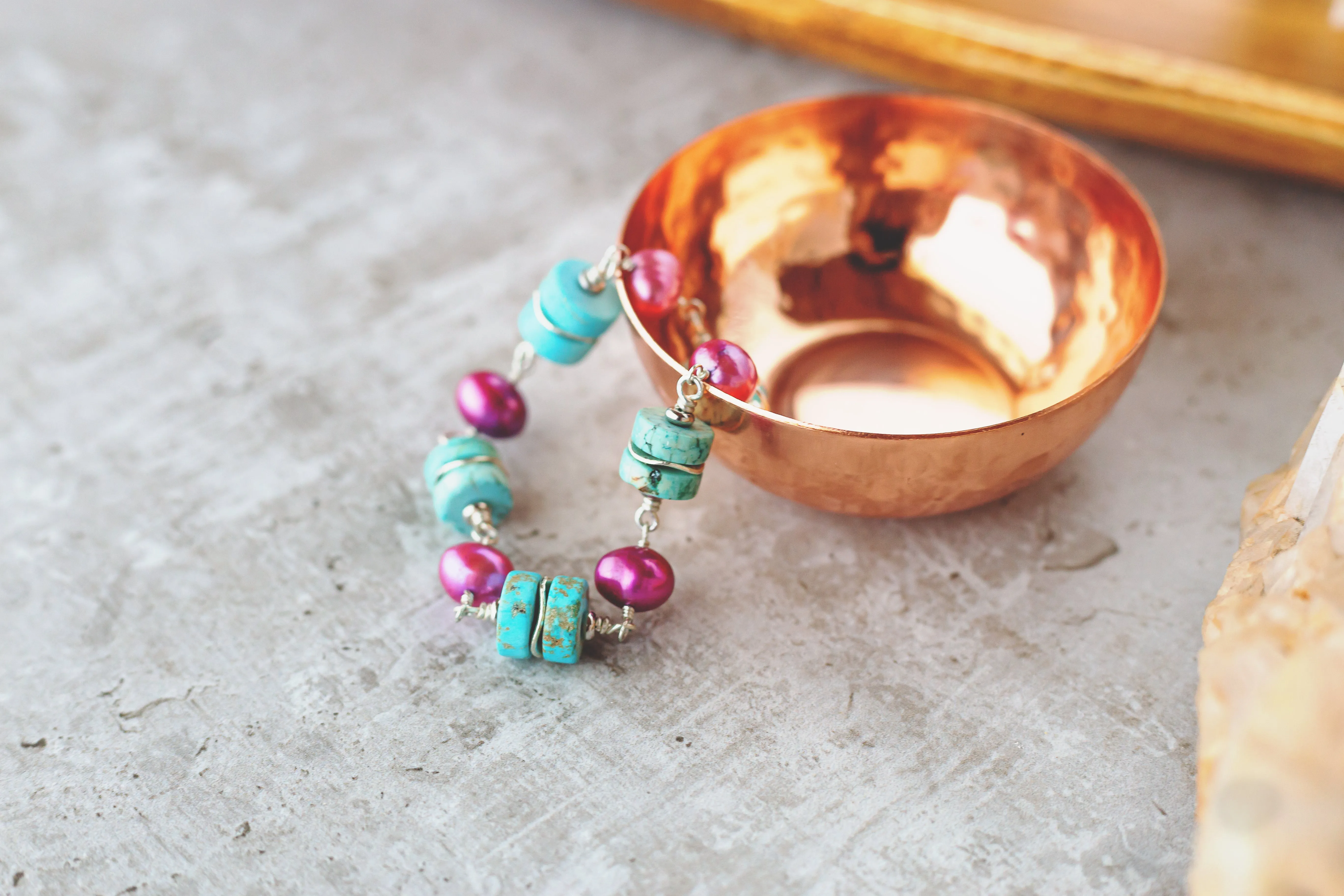 Chunky Gemstone and Pearl Sterling Silver Bracelet