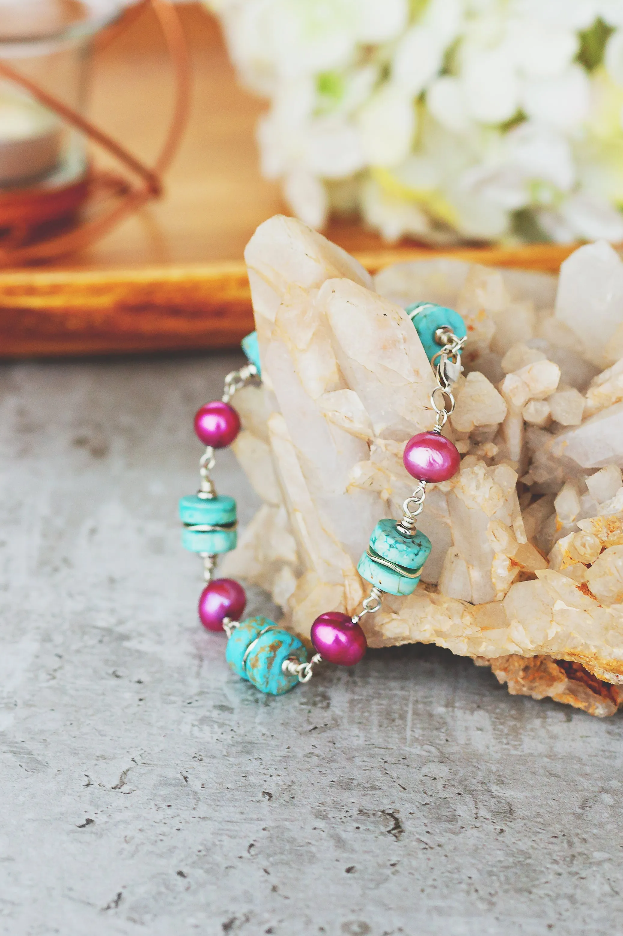 Chunky Gemstone and Pearl Sterling Silver Bracelet