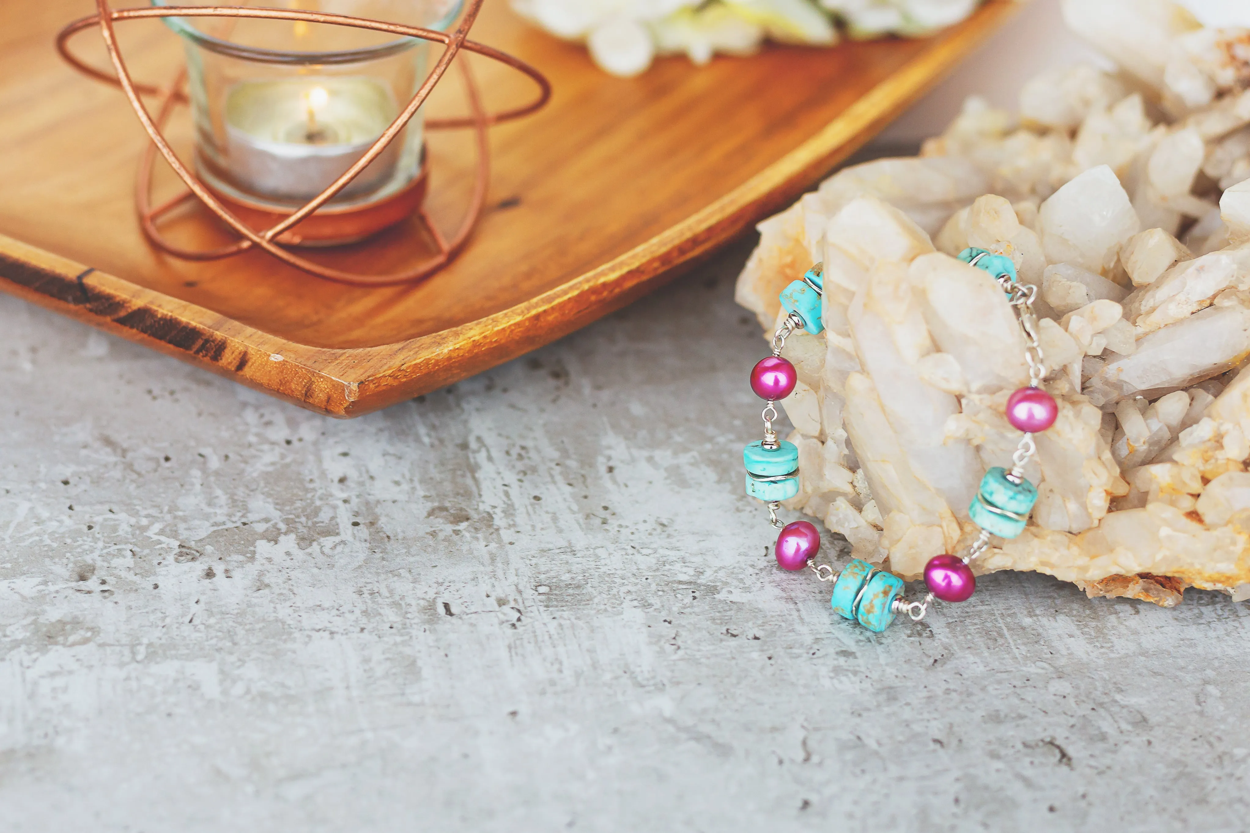 Chunky Gemstone and Pearl Sterling Silver Bracelet