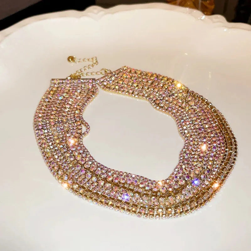Colorful Crystal Chokers Necklaces for Women Multilayer Gold Color Chain Rhinestone Necklaces Statements Jewelry