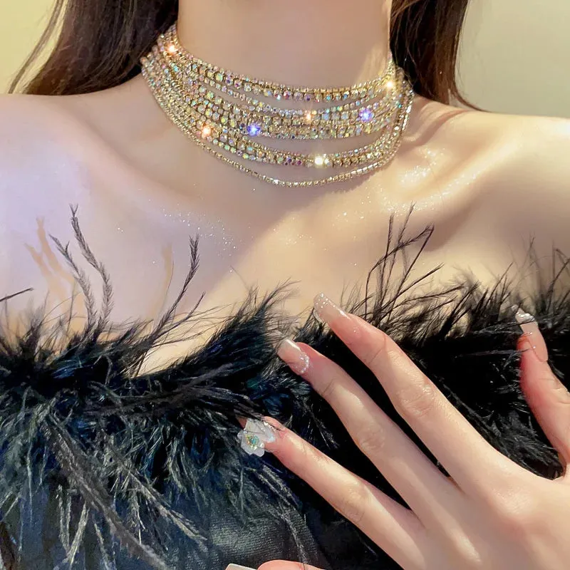 Colorful Crystal Chokers Necklaces for Women Multilayer Gold Color Chain Rhinestone Necklaces Statements Jewelry