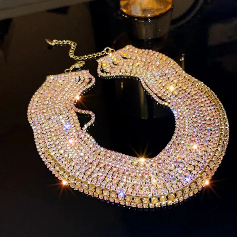 Colorful Crystal Chokers Necklaces for Women Multilayer Gold Color Chain Rhinestone Necklaces Statements Jewelry