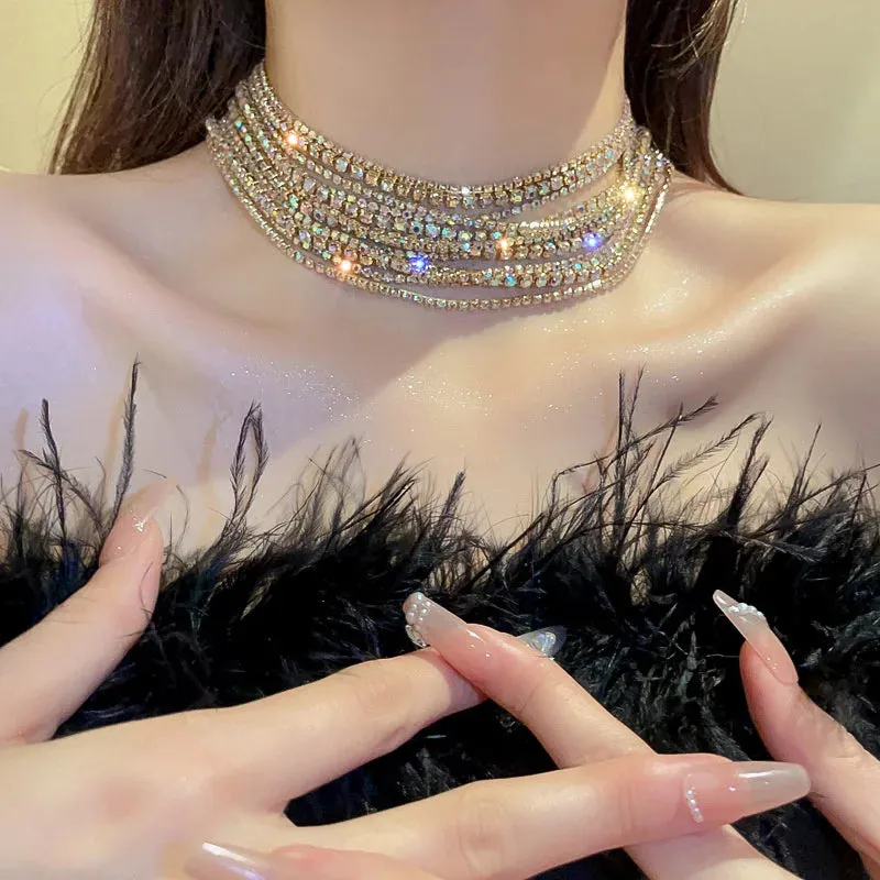 Colorful Crystal Chokers Necklaces for Women Multilayer Gold Color Chain Rhinestone Necklaces Statements Jewelry