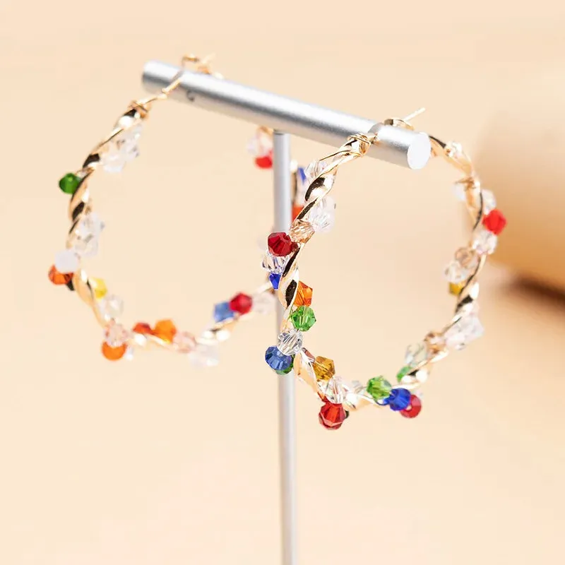 Colorful Crystal Hoop Earrings for Women New Fashion Big Round Circle Statement Earrings Wedding Party Bohemian  Jewelry