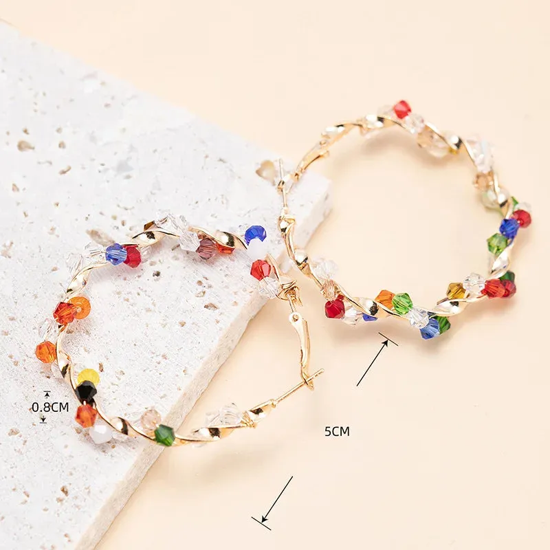 Colorful Crystal Hoop Earrings for Women New Fashion Big Round Circle Statement Earrings Wedding Party Bohemian  Jewelry
