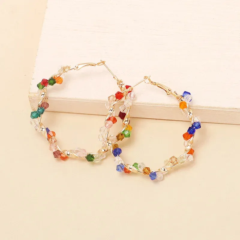 Colorful Crystal Hoop Earrings for Women New Fashion Big Round Circle Statement Earrings Wedding Party Bohemian  Jewelry