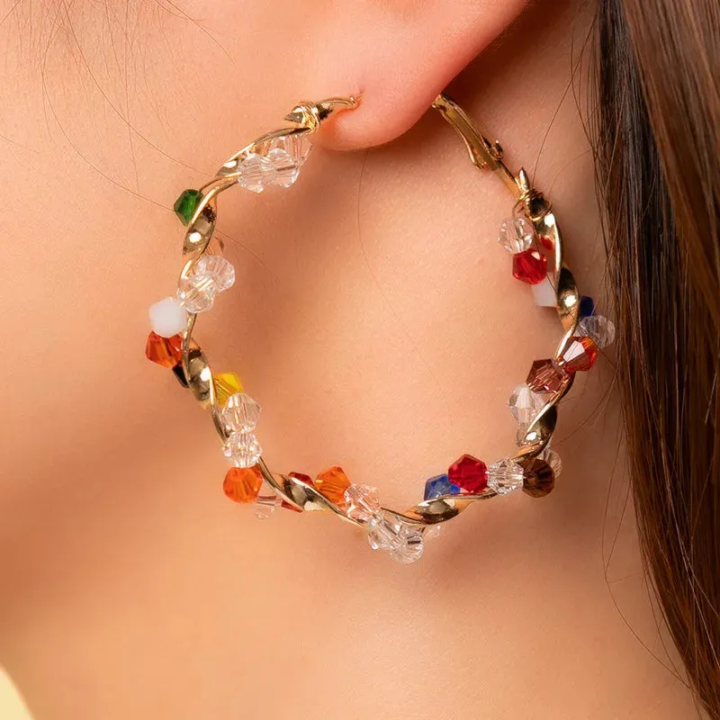 Colorful Crystal Hoop Earrings for Women New Fashion Big Round Circle Statement Earrings Wedding Party Bohemian  Jewelry