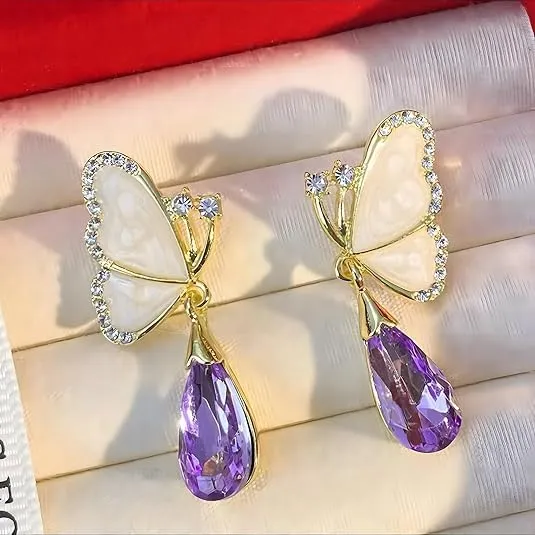 Combo Of Attractive and Stylish Water Drop Long Pearl Earrings Danglers and Butterfly Earrings Purple Crystal Rhinestone Drop Butterfly Stud Earrings for Girls Korean Earrings Pack of 2 Earrings Set
