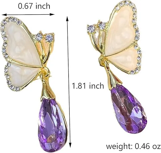 Combo Of Attractive and Stylish Water Drop Long Pearl Earrings Danglers and Butterfly Earrings Purple Crystal Rhinestone Drop Butterfly Stud Earrings for Girls Korean Earrings Pack of 2 Earrings Set