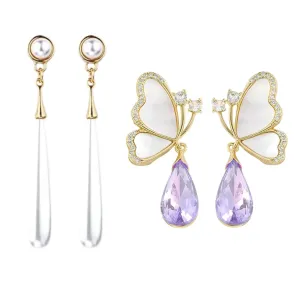 Combo Of Attractive and Stylish Water Drop Long Pearl Earrings Danglers and Butterfly Earrings Purple Crystal Rhinestone Drop Butterfly Stud Earrings for Girls Korean Earrings Pack of 2 Earrings Set