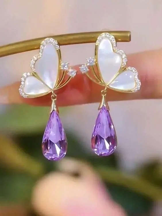 Combo Of Attractive and Stylish Water Drop Long Pearl Earrings Danglers and Butterfly Earrings Purple Crystal Rhinestone Drop Butterfly Stud Earrings for Girls Korean Earrings Pack of 2 Earrings Set
