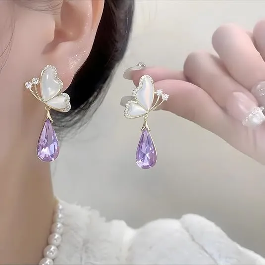 Combo Of Attractive and Stylish Water Drop Long Pearl Earrings Danglers and Butterfly Earrings Purple Crystal Rhinestone Drop Butterfly Stud Earrings for Girls Korean Earrings Pack of 2 Earrings Set