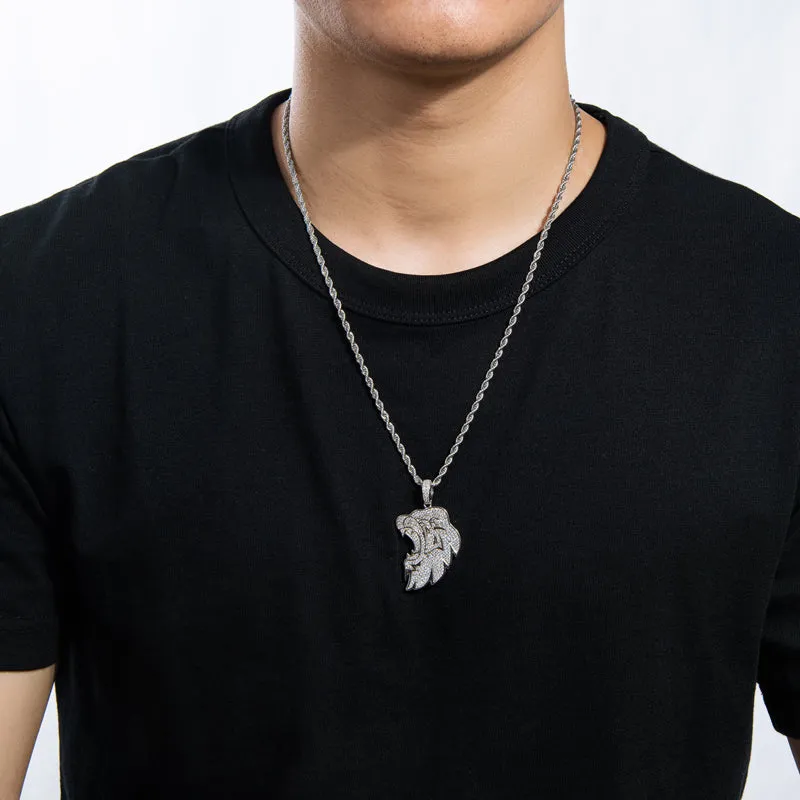 Created Diamond Lion Long Chain Hip Hop Pendant Necklace