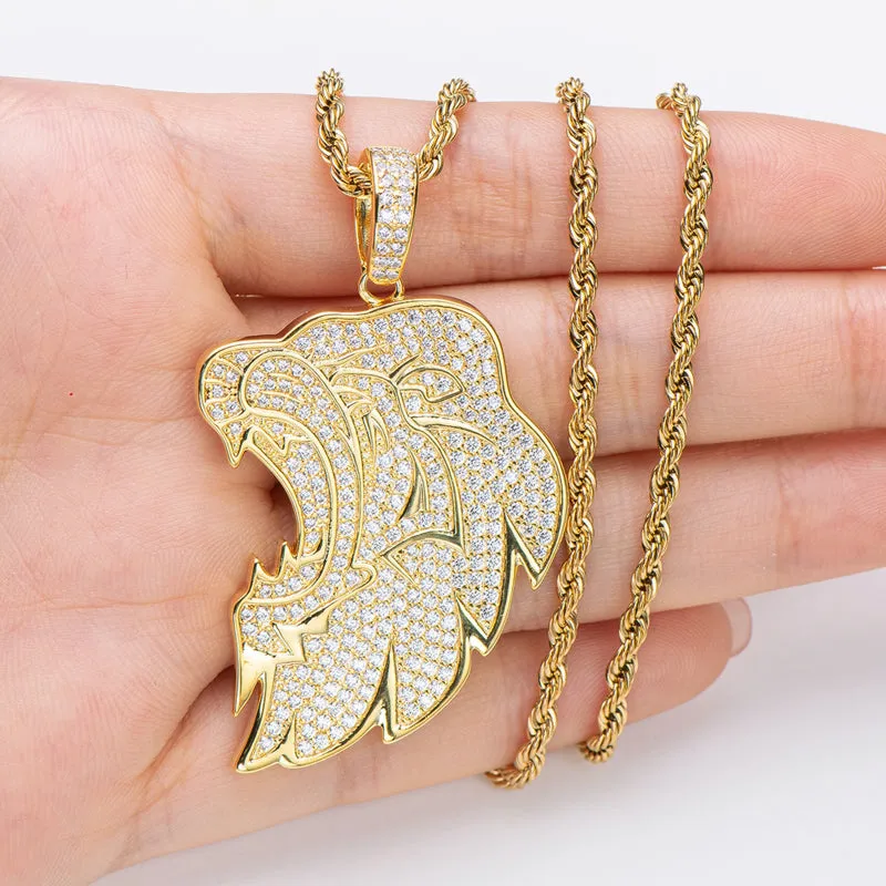 Created Diamond Lion Long Chain Hip Hop Pendant Necklace