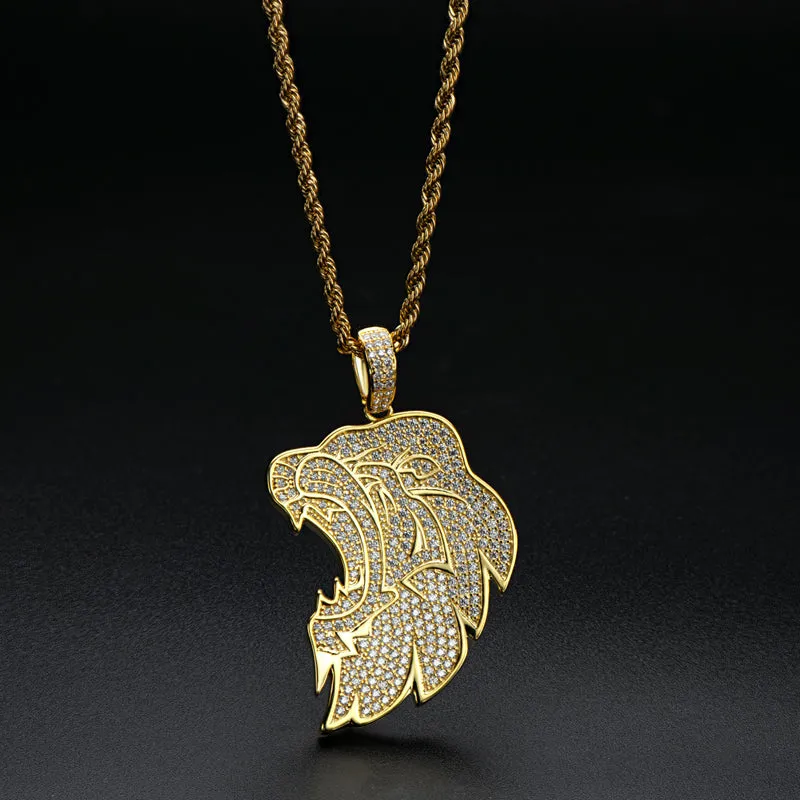 Created Diamond Lion Long Chain Hip Hop Pendant Necklace