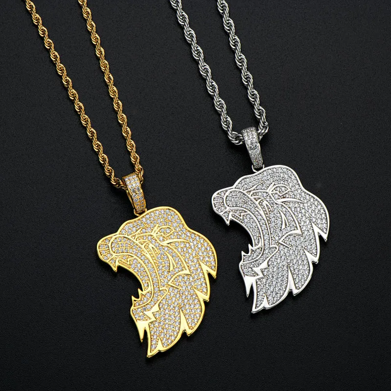Created Diamond Lion Long Chain Hip Hop Pendant Necklace